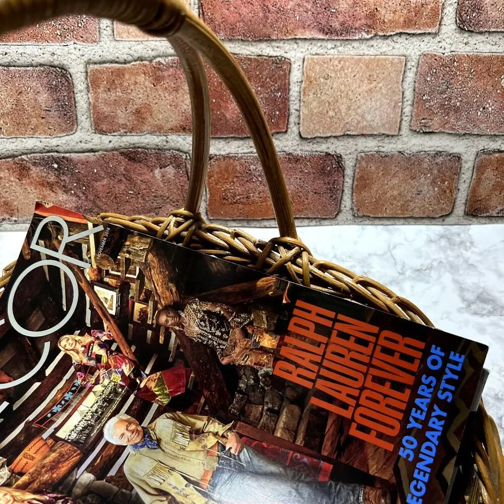 Vintage Gathering Basket With Wooden Beads | Wicker Magazine RacK | Towel Basket